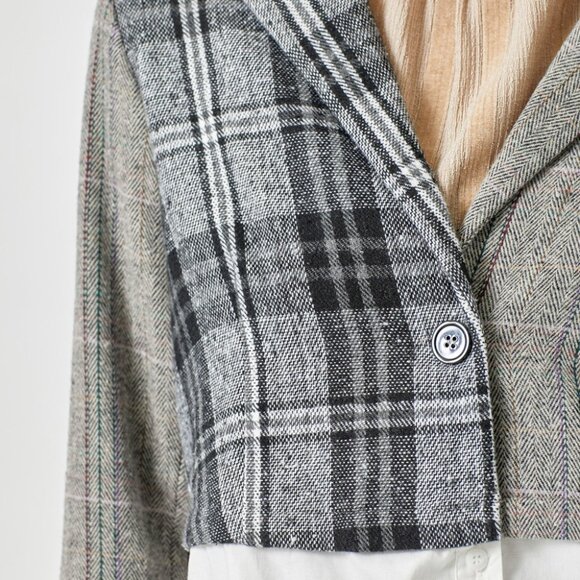MYSTREE Grey Plaid Contrast Blazer Shirt Combo, Mixed Media Layered Button Down - Picture 8 of 8